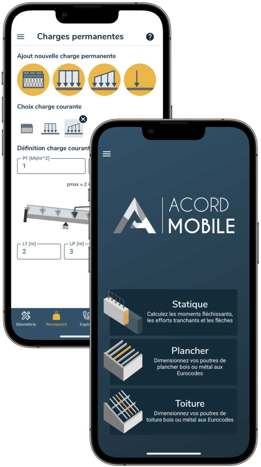 Captures d'écran ACORD Mobile de la page principale et de l'onglet des charges permanentes